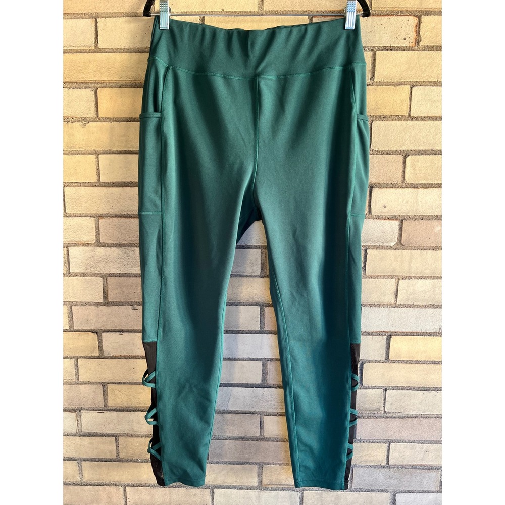 POP Fit Emerald Green Lattice Mesh Ankle Pocket Leggings Size 2XL Active